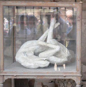Het gipsafgietsel van een hond in Pompeii.