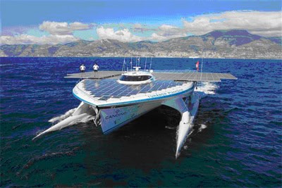 PlanetSolar catamaran, the world's largest solar-powered catamaran that is completing an around the world voyage in Monaco on May 4, 2012.