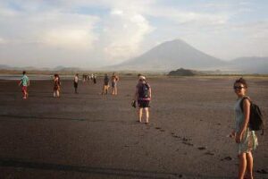 Lake Natron in Tanzania.volcano had been all black and brown but now we saw that it was stained with surreal yellow and white patches of soft porous rock.