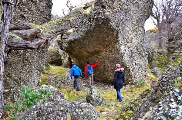 Hiking among giant boulders in Patagonia, Chile.