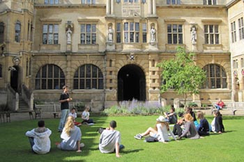 Students in the quad at Oxford University in England.