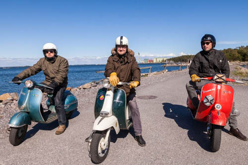 Vespa scooter club in Hanko. Members drive vintage '60s bikes and share a love of these Italian classic motorbikes in Hanko.