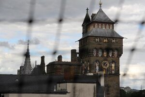 A view of Cardiff Castle from one of the bedrooms at the Safehouse Hostel in the UK.