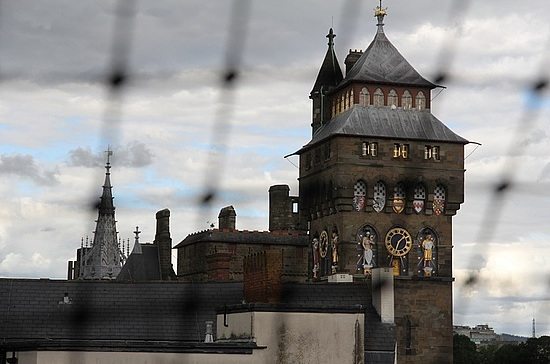 A view of Cardiff Castle from one of the bedrooms at the Safehouse Hostel in the UK.