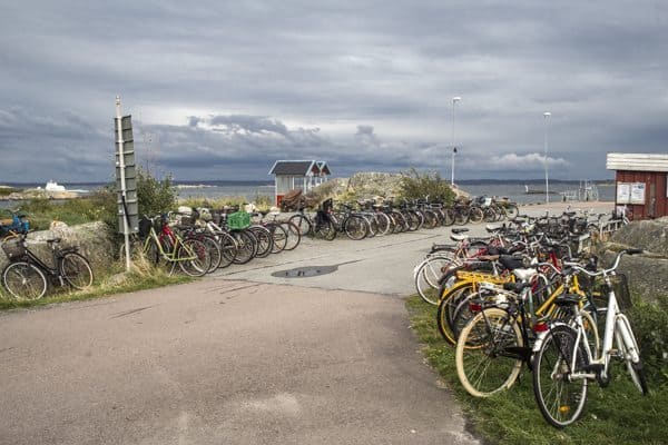 Bicycles line the road on Vrango island.