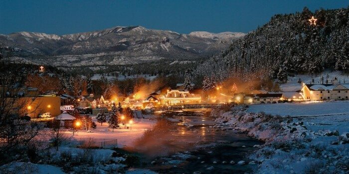 Springs Resort at night in Pagosa, Colorado. Photo credit Colorado.com