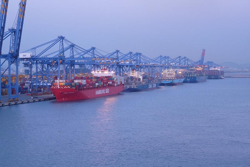 The cargo ship docked in Busan at 11 am and departed at 6 pm, just long enough to load and unload containers.