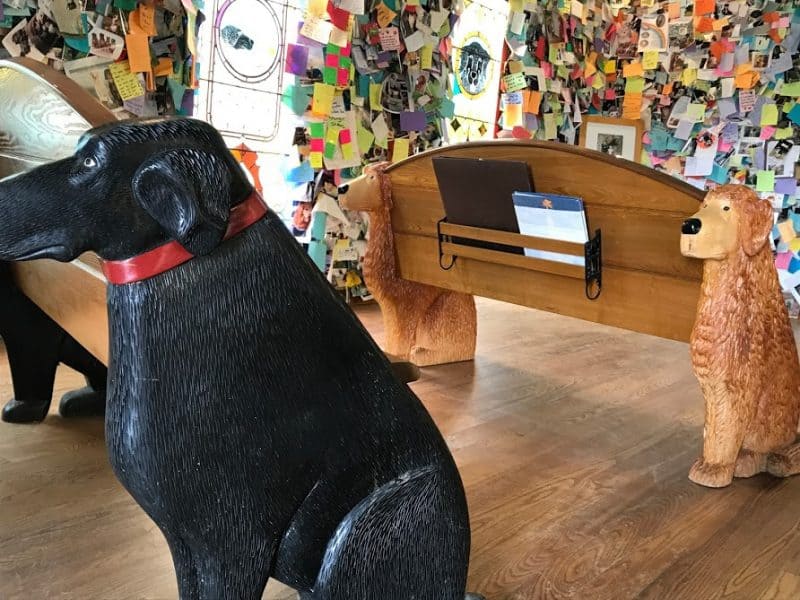 Creative pews inside the Dog Chapel at Dog Mountain.