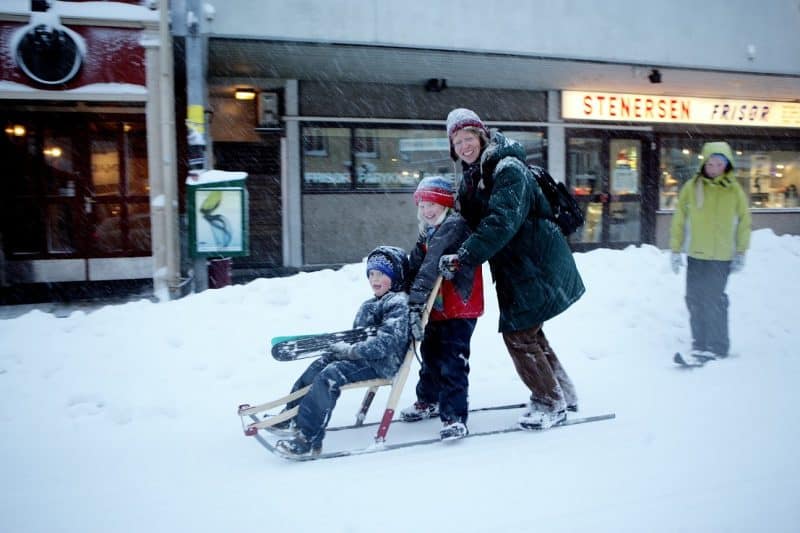 Skiing, Tromso style downtown in the city.