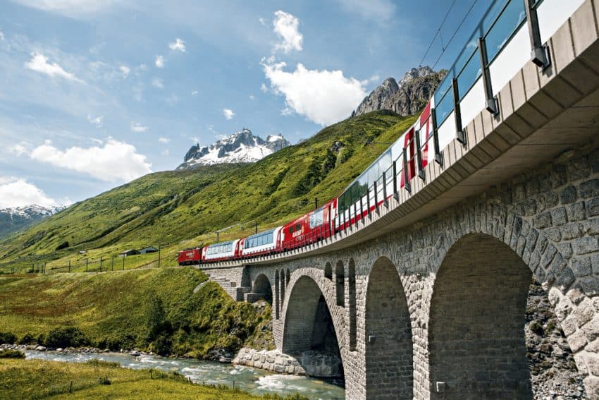 One example of Switzerland's transport network, The Glacier Express, near Hospental in the Urseren Valley. Photo from Swiss Travel System.