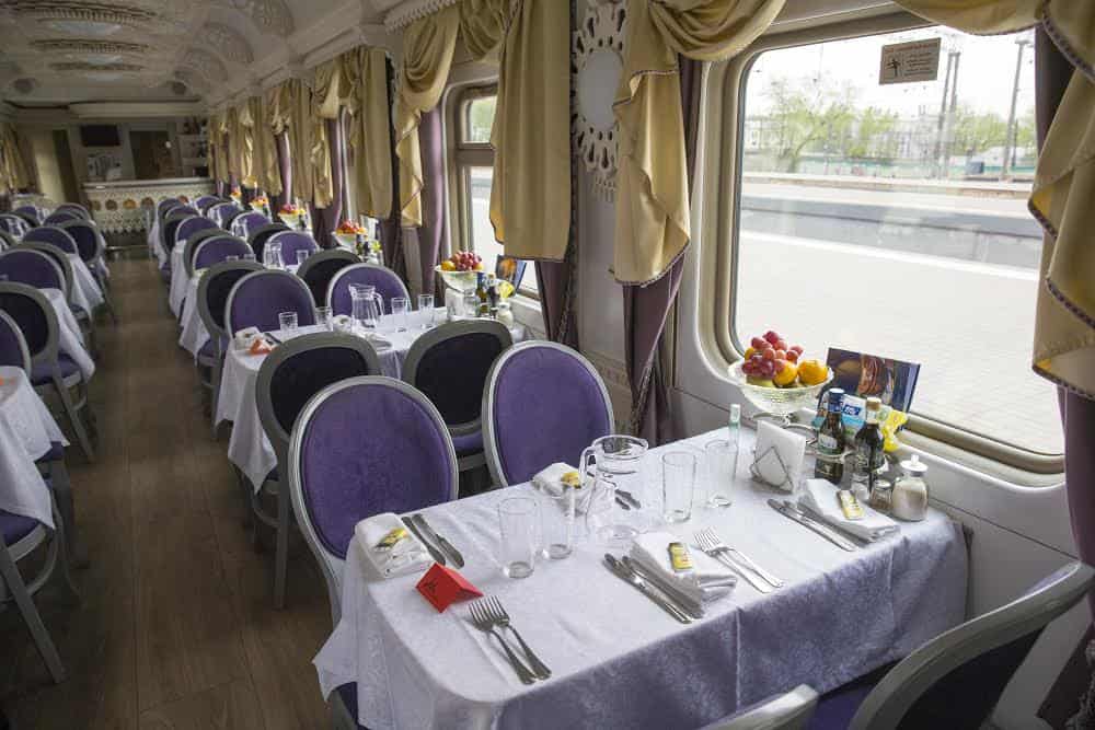 The csar-style dinner set up that is held onboard the train. 