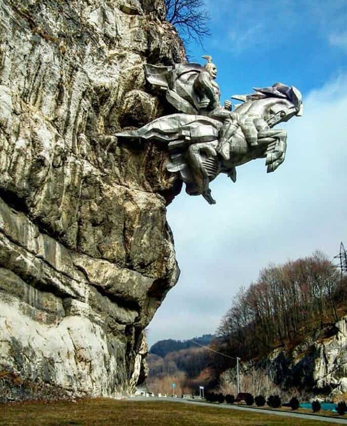 Statue Saint George Is Coming Out Off The Rock, (Statue of Saint Uastirji Is Coming Out Off The Rock) Alagir, North Ossetia