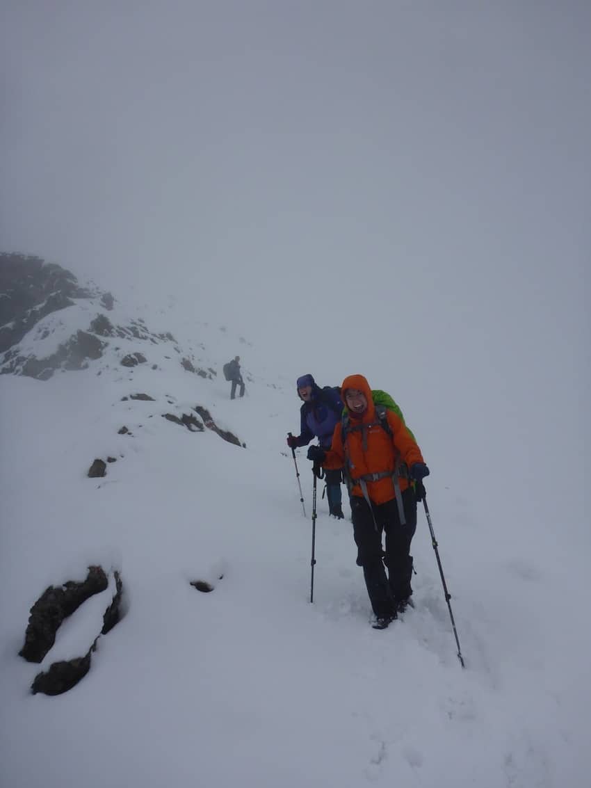 Meredith Healy and Cayce McCrary making the most of white-out conditions at the Sareiserjoch Saddle on Day 1