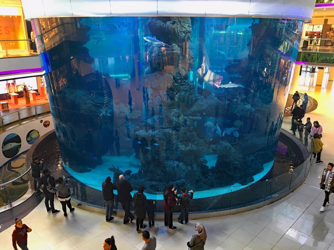 A three-story aquarium entertains shoppers inside the Morocco Mall. 