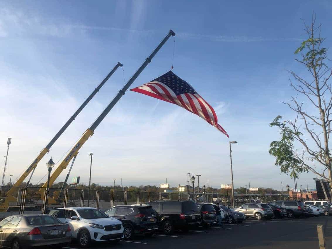 A gigantic flag over the part of Wilmington used for Joe Biden's nomination acceptance speech in early November, 2020.