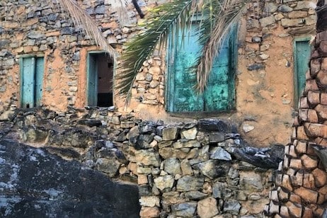 the date trees keep the turquoise door hidden in Misfat Al Abriyeen, Oman