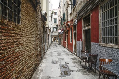 An empty alleyway in Venice, a rare site before covid.