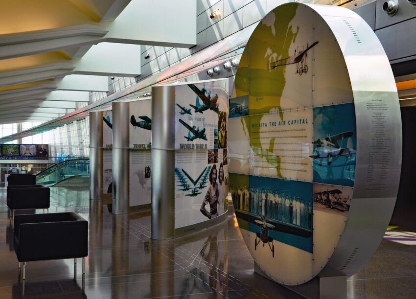 witchata Exhibits extolling Wichita’s status as “Air Capital of the World” can be found inside the terminal of Dwight D. Eisenhower National Airport.