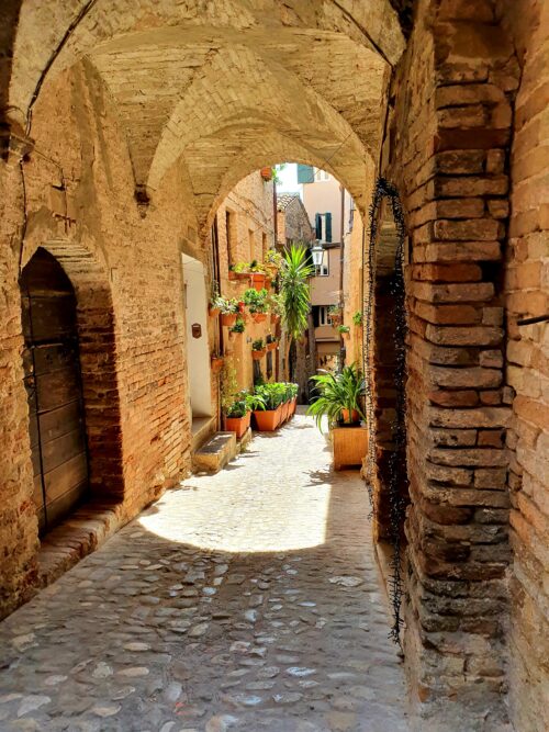 domed archways with a castle above