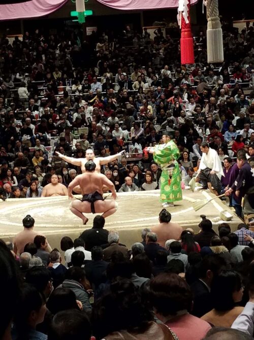 Wrestlers about to begin their bout with the referee (gyoji) standing by