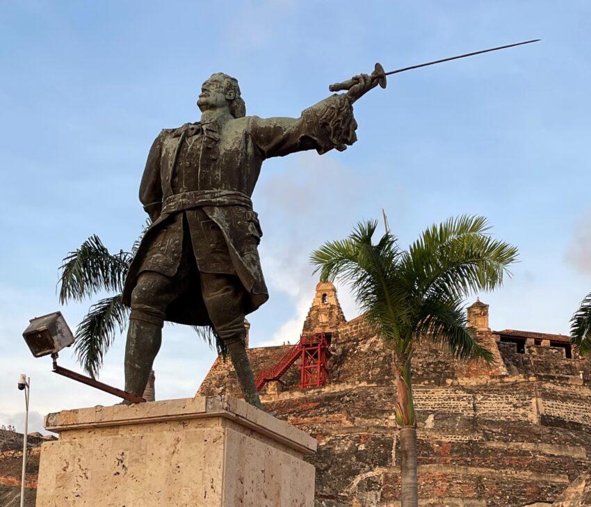 Blas de Lezo -- or "PegLeg" was a Spanish admiral who lost a leg, an arm and an eye in battle and defeated the British in 1741. His statue sits at the base of San Felipe de Barajas Castle, the largest fortress in South America