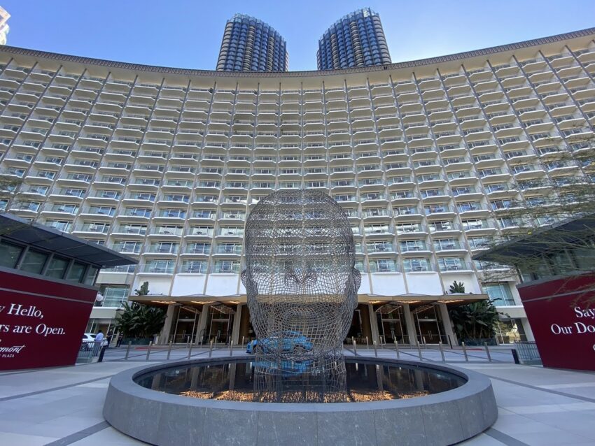 The sweep of Fairmont Century's Plaza 1966 design–now fronted by the metal mesh sculpture, "Laura."