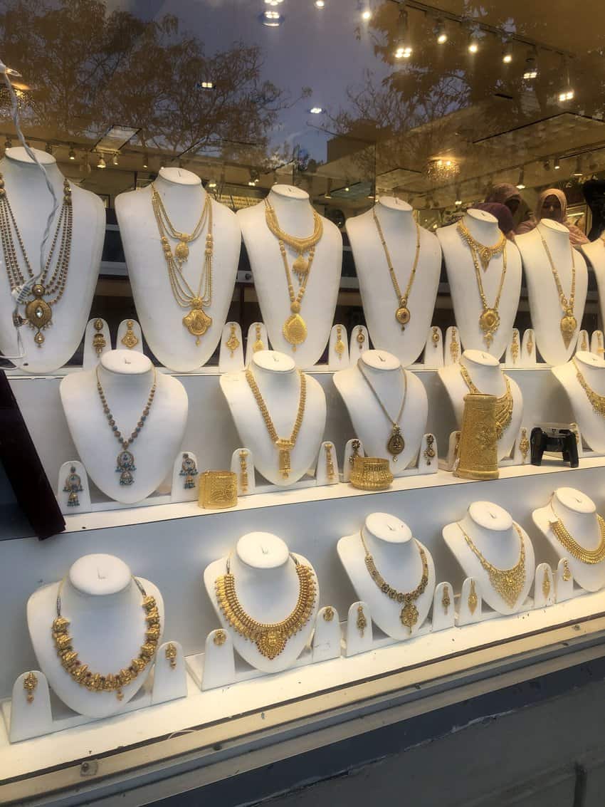 Rows of pure 22 karat gold jewelry on display in a gold store in Jackson Heights in Queens. Photo by Susmita Sengupta