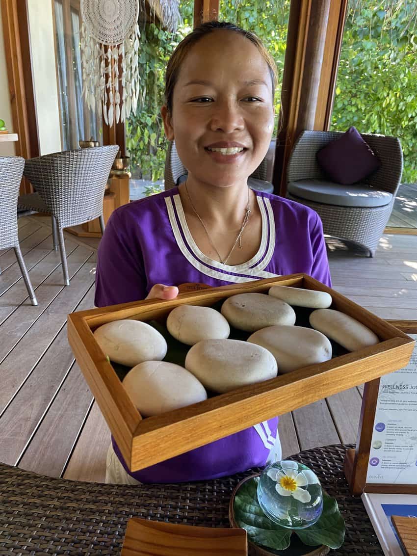 Pick a stone and see what wonderful message is etched into it at the Duniye Spa at Mirihi Island Resort.