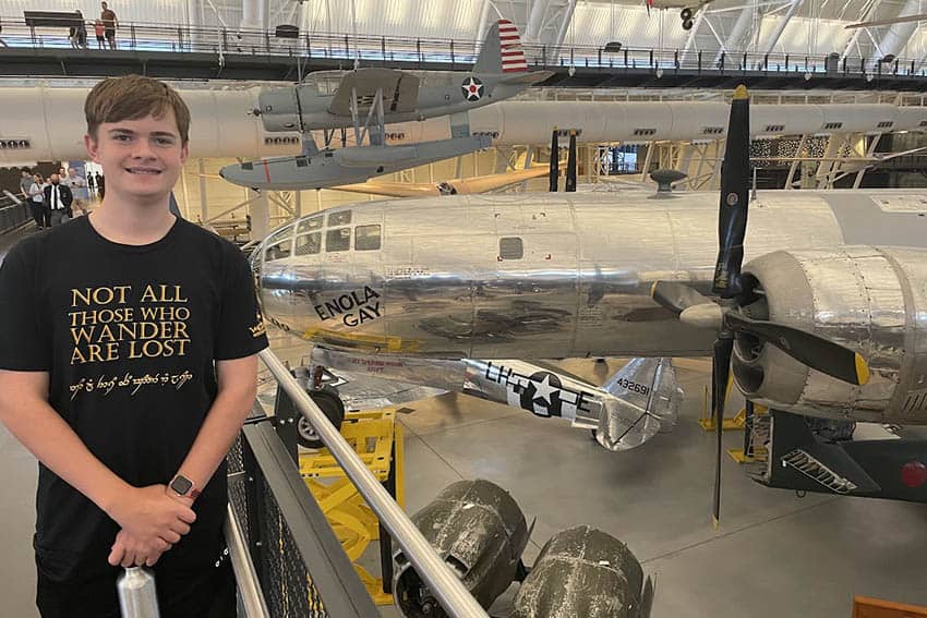 Engaging with the Enola Gay, the plan that dropped the first atomic bomb at the Smithsonian Air & Space Museum's Udvar-Hazy Center. Photo by Nils Larson