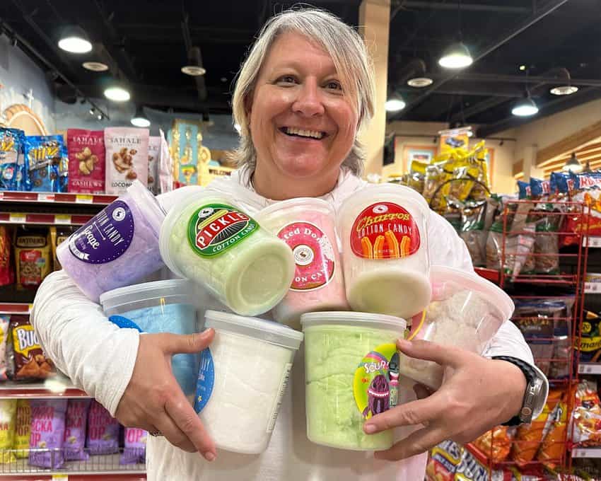 Terri Porsberg is in heaven with all the choices of cotton candy discovered at Russell's Travel Center on Route 66.