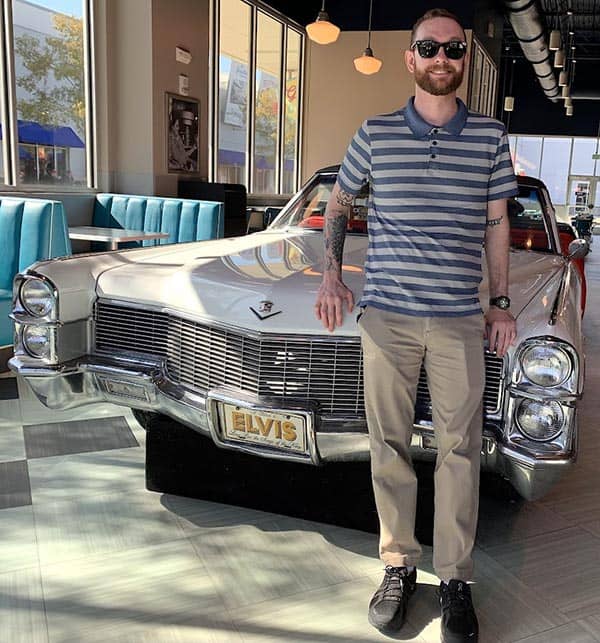 My grandson Logan at Gladys' Diner at Graceland where diners are invited to eat in a Cadillac.