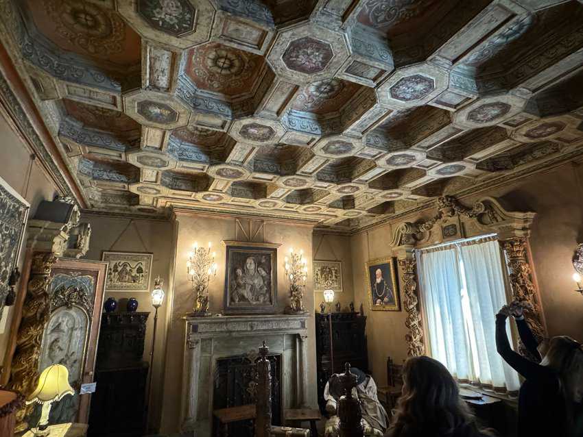 Guest suite at the top of Hearst Castle featuring a 3D ceiling from Italy on California's Central Coast.