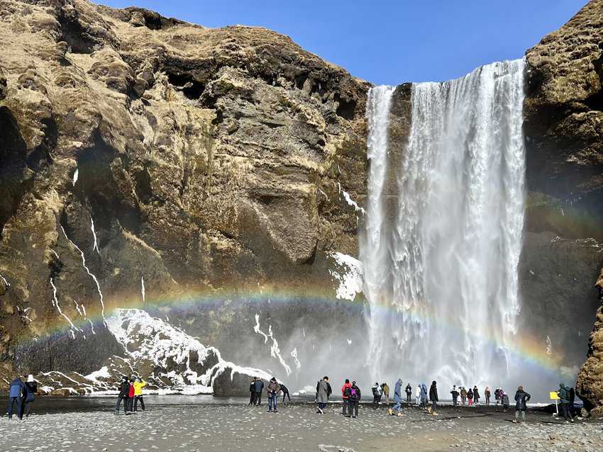 Skogafoss is unique because the waterfall comes directly from two glaciers