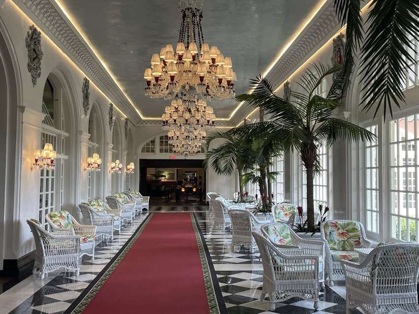 The elegant lobby of the Hotel Galvez