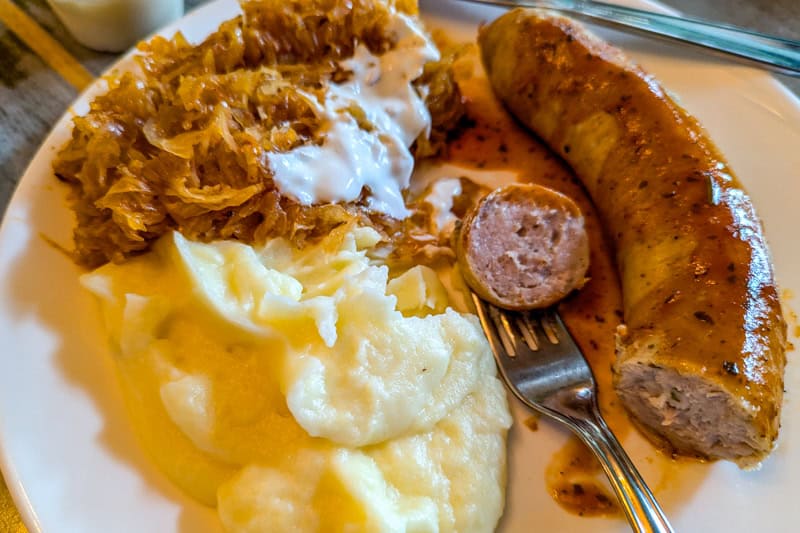 Sausage, kraut, and potatoes at Lido Restaurant. Riga, Latvia