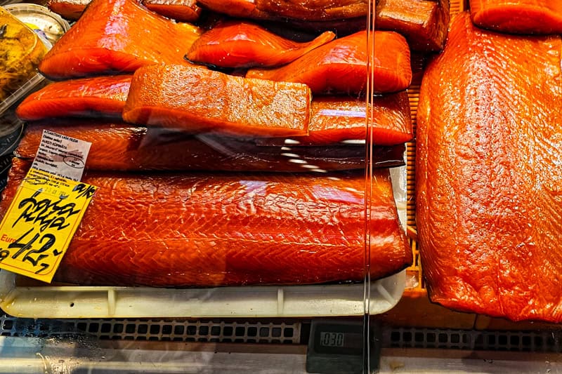 Smoked salmon at Riga Central Market.